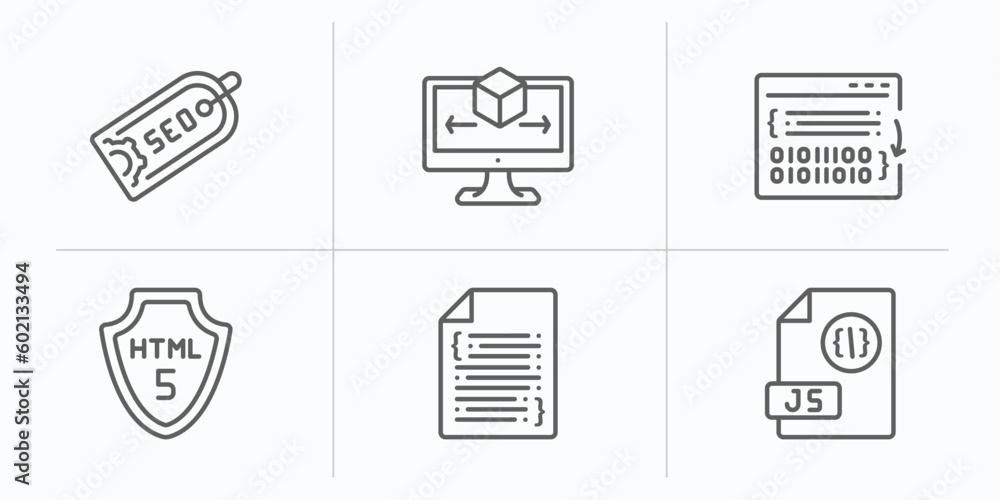programming outline icons set. thin line icons such as seo tags, simulation, compiler, html5, software, js vector.