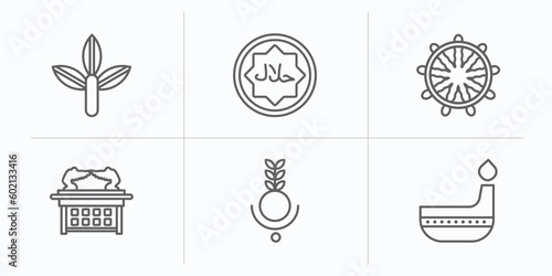 religion outline icons set. thin line icons such as bael tree, halal, dharma, ark of the convenant, bindi, dipa vector.
