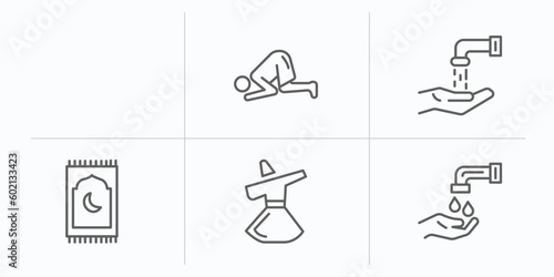 religion outline icons set. thin line icons such as lion of judah, ruku posture, islamic wudu, islamic praying carpet, sufi mystic, wudu vector.