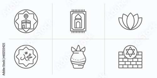 religion outline icons set. thin line icons such as qibla, praying mat, lotus, muhammad word, kalasha, kotel vector.