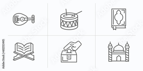 religion outline icons set. thin line icons such as oud, eyd drum, mushaf, quran rehal, sadaqah charity, mosque and minaret vector.
