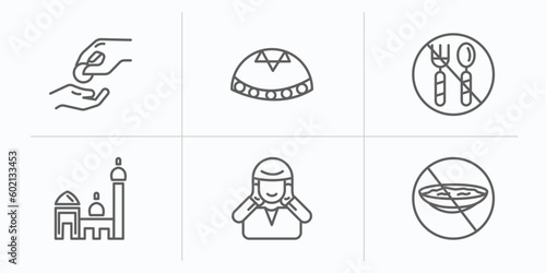 religion outline icons set. thin line icons such as sadaqah, yarmulke, fasting, islamic mosque, adhan call, ramadan fasting vector.
