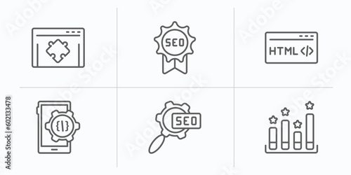 programming outline icons set. thin line icons such as plugin, seo badge, html, mobile development, seo configuration, seo ranking vector.