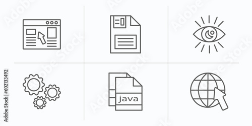 seo outline icons set. thin line icons such as landing page, floppy disk, visibility, cogwheel, , website vector.