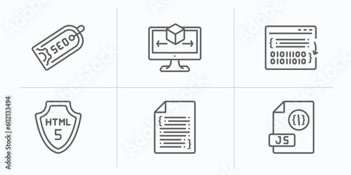 programming outline icons set. thin line icons such as seo tags, simulation, compiler, html5, software, js vector.