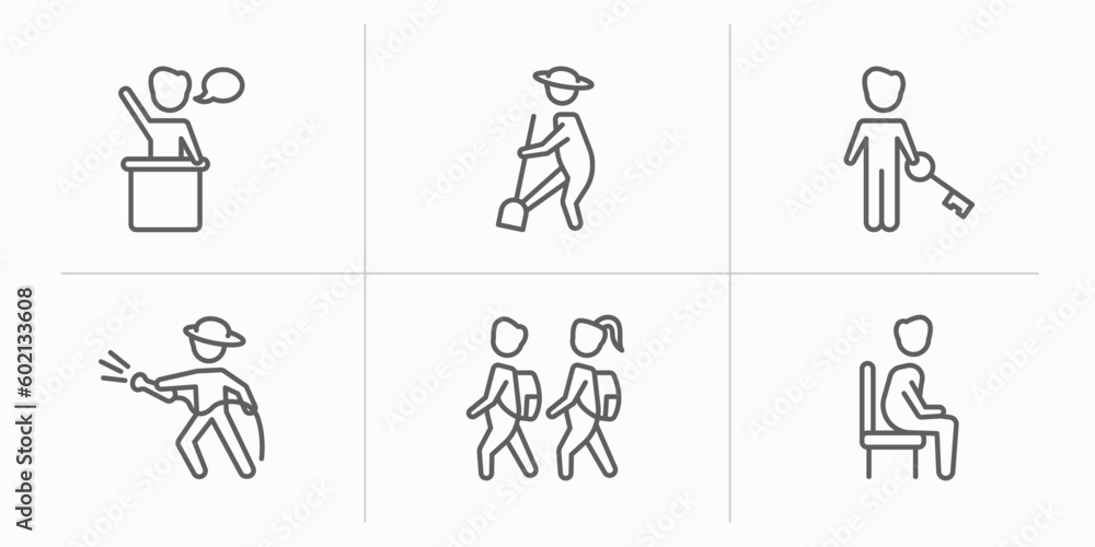 people outline icons set. thin line icons such as leader speech, farmer working, man with big key, firefighter working, children in school, sit down vector. people outline icons set. thin line icons such as leader speech, farmer working, man with big key, firefighter working, children in school, sit down vector.