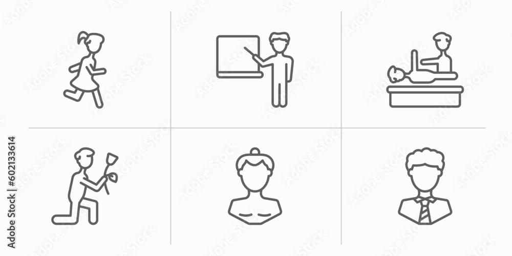 people outline icons set. thin line icons such as girl running, school teacher, chiropractic, give flower, sumo fighter, business tie vector. people outline icons set. thin line icons such as girl running, school teacher, chiropractic, give flower, sumo fighter, business tie vector.
