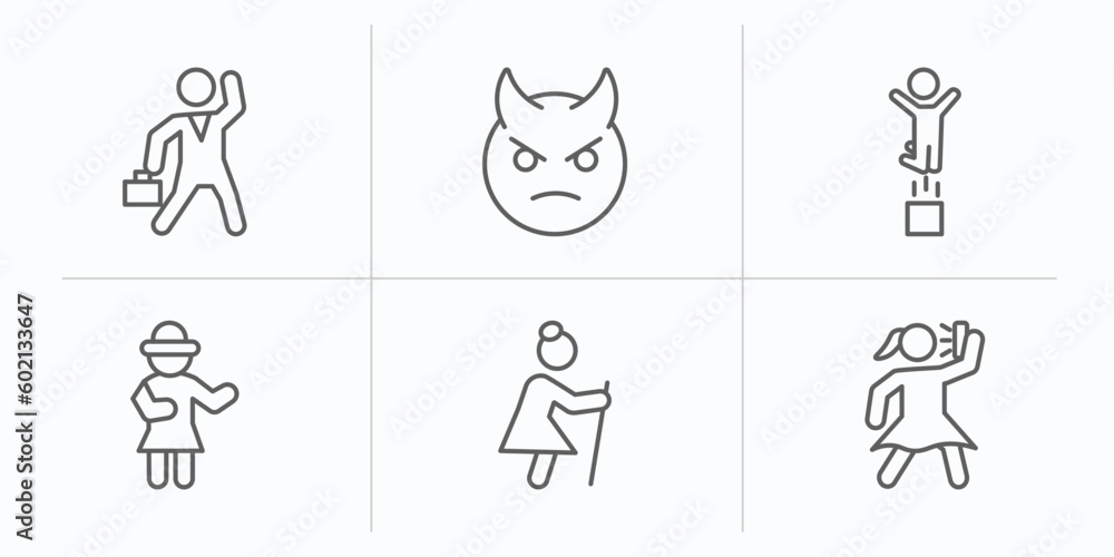 people outline icons set. thin line icons such as businessman dancing, devil head with horns, man jumping, napoleon figure, old lady walking, woman taking a photo vector. people outline icons set. thin line icons such as businessman dancing, devil head with horns, man jumping, napoleon figure, old lady walking, woman taking a photo vector.