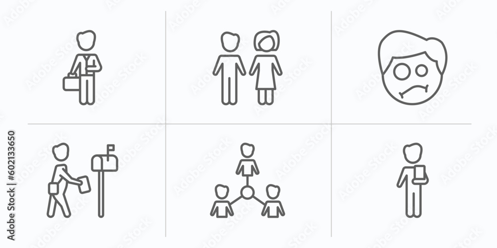 people outline icons set. thin line icons such as man with company, woman and man partners, confused smile, postman working, team success, book keeper vector. people outline icons set. thin line icons such as man with company, woman and man partners, confused smile, postman working, team success, book keeper vector.