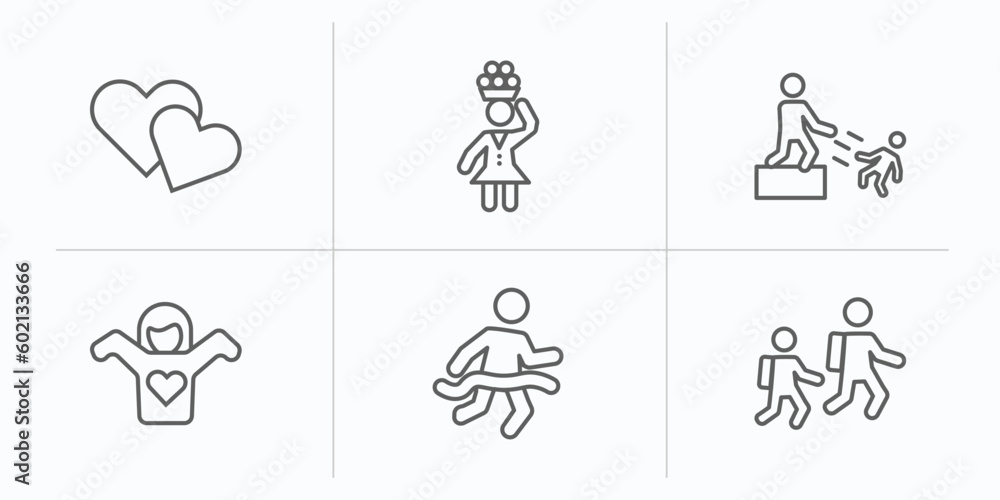 people outline icons set. thin line icons such as two hearts, woman carrying, man pushing child, getting dressed, running at finish line, walking to school vector.