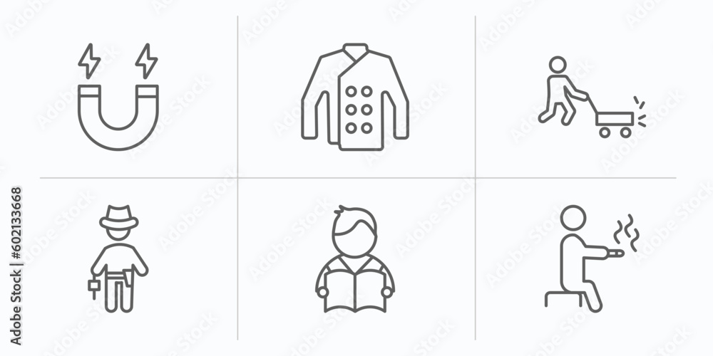 people outline icons set. thin line icons such as electromagnet, chef uniform, person mowing the grass, cowboy with a gun, student books, smoking man vector. people outline icons set. thin line icons such as electromagnet, chef uniform, person mowing the grass, cowboy with a gun, student books, smoking man vector.