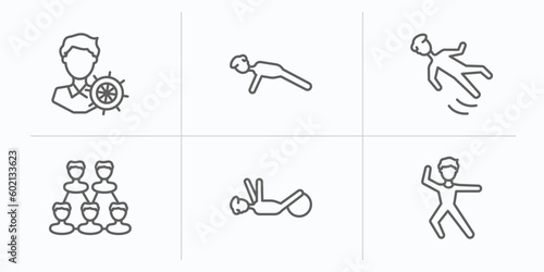 people outline icons set. thin line icons such as layer working, push ups, slide down, relation, physiotherapy, dancers vector.