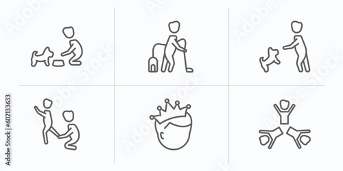 people outline icons set. thin line icons such as feeding a dog, man vacuuming, dog trainer, helping other to jump, man with crown, succes team vector.