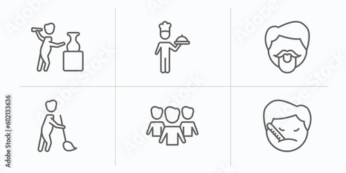 people outline icons set. thin line icons such as sculptor working, cooker with tray, hipster smile, sweeper working, team work success, sick smile vector.