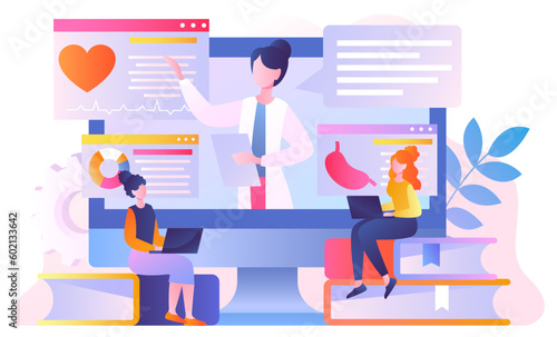 Medical conference concept. Women with laptops communicate with girl in medical coat. Webinar and seminar, online lecture and telemedicine. Education and training. Cartoon flat vector illustration