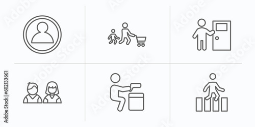people outline icons set. thin line icons such as male users, father and son shopping, man knocking a door, students, criminal heist, crossing road vector.