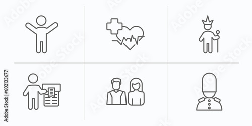 people outline icons set. thin line icons such as man celebrating, healthcare and medical, king in his throne, ticket hine, parents, queens guard vector.
