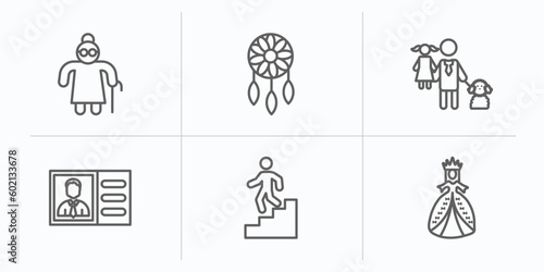people outline icons set. thin line icons such as elder, bohemian, man girl and dog, identification ard, walking downstairs, princes vector.
