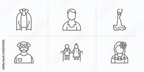 people outline icons set. thin line icons such as cape, male user, spanish woman, old man, old couple, mexican woman vector.