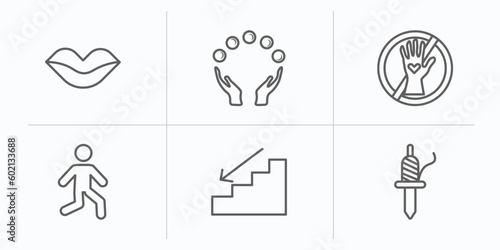 people outline icons set. thin line icons such as seductive, juggling ball, no racism, bast, downstairs, spindle vector.