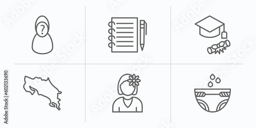 people outline icons set. thin line icons such as unknown, pencil and notebook, students graduation hat, costa rica, woman with flower, baby diaper vector.