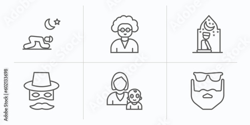 people outline icons set. thin line icons such as salat, old woman, julus, zorro, babysitter and child, beard vector.
