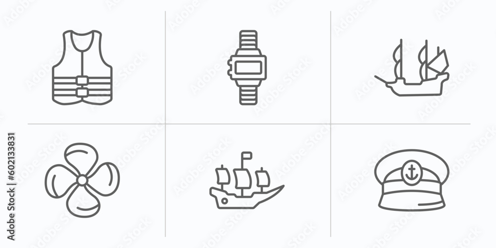 nautical outline icons set. thin line icons such as life jacket, water resist watch, old galleon, propeller, pirate ship, captain hat vector.