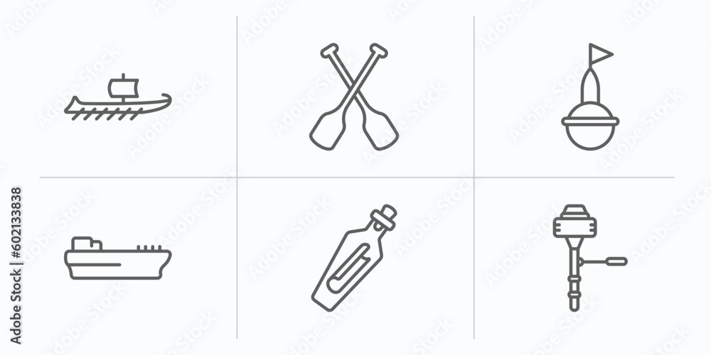 Fototapeta premium nautical outline icons set. thin line icons such as trireme, paddles, buoy, tanker ship, message in a bottle, boat engine vector.
