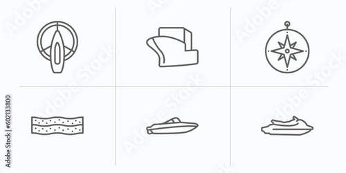 nautical outline icons set. thin line icons such as port and starboard, vessel, azimuth compass, salt water, speedboat, watercraft vector.