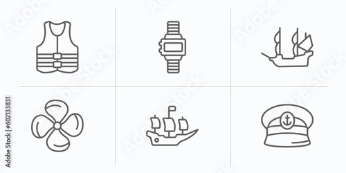 nautical outline icons set. thin line icons such as life jacket, water resist watch, old galleon, propeller, pirate ship, captain hat vector.