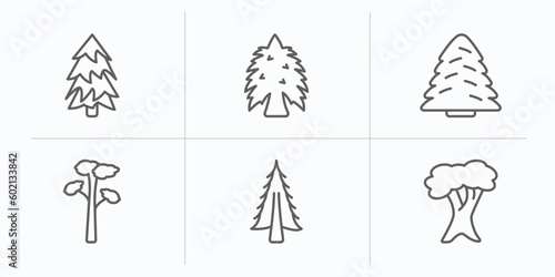 nature outline icons set. thin line icons such as red pine tree, eastern hemlock tree, white spruce tree, pitch pine american larch white oak vector.