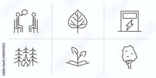 nature outline icons set. thin line icons such as therapy, quaking aspen tree, eco energy source, forest fire, grows, the maples tree vector.