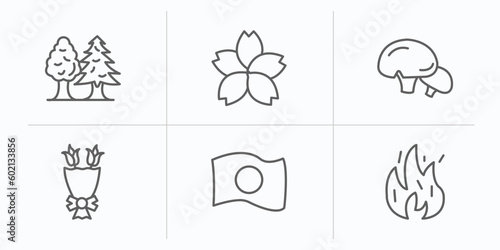 nature outline icons set. thin line icons such as tree with big foliage, japanese flower, mushroom with spots, flower bouquet, japanese, fire flame vector.