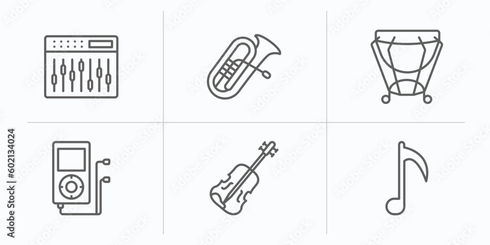 music outline icons set. thin line icons such as sound mixer, tuba, kettledrum, mp3, violin, music note vector. music outline icons set. thin line icons such as sound mixer, tuba, kettledrum, mp3, violin, music note vector.