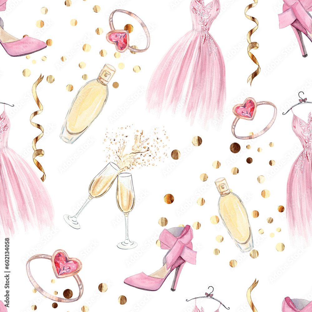 Watercolor bride seamless pattern on white . Wedding dress and jewelry print