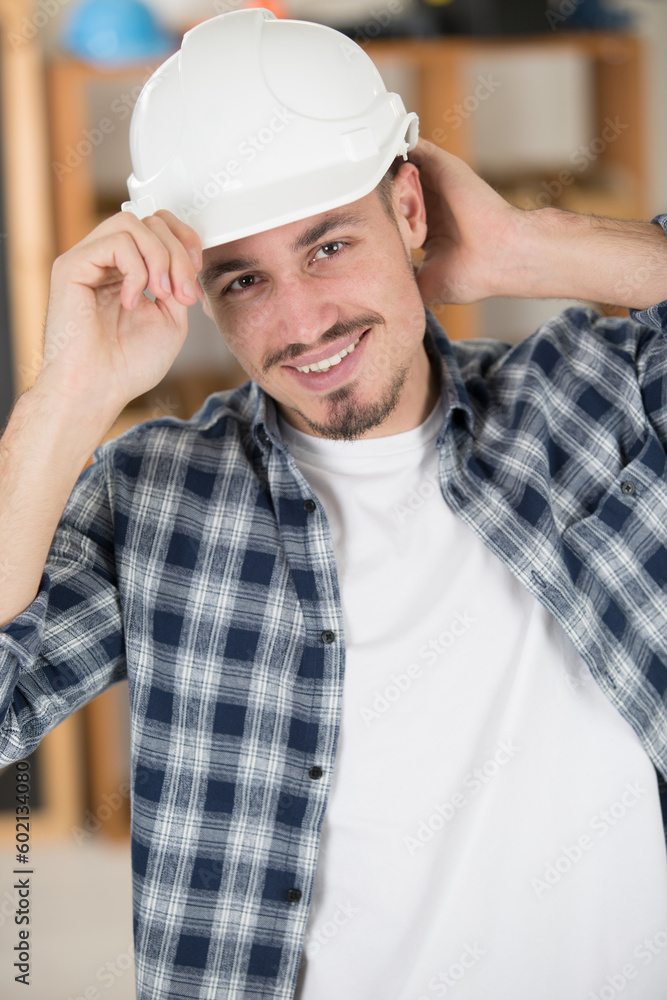 happy man in white helmet