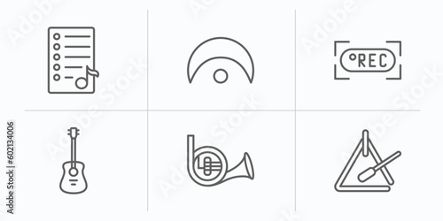 music and media outline icons set. thin line icons such as playlist, fermata, rec, acoustic guitar, french horn, music triangle vector.