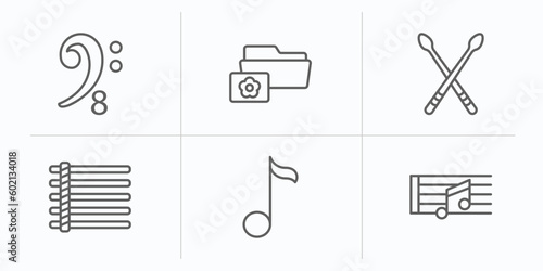 music and media outline icons set. thin line icons such as octave clef, image archive, drumsticks, dotted barline, eighth note, quaver vector.