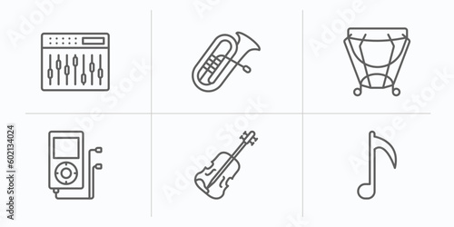 music outline icons set. thin line icons such as sound mixer, tuba, kettledrum, mp3, violin, music note vector.