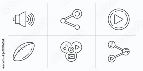 multimedia outline icons set. thin line icons such as speakers volume, data sharing, play buttom, football balloon, multimedia, share content vector.