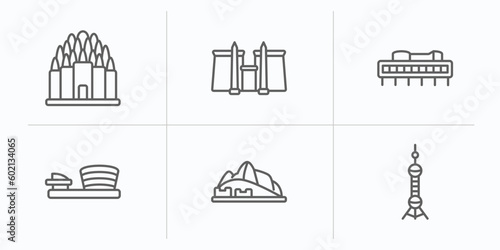 monuments outline icons set. thin line icons such as prambanan, luxor temple, , museum, hu picchu, oriental peral tower vector.
