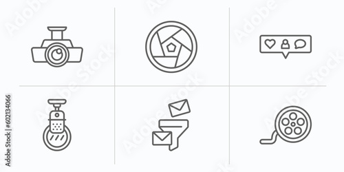 multimedia outline icons set. thin line icons such as big video projector, diaphragm, interface, condenser, mail funneling, roll vector.