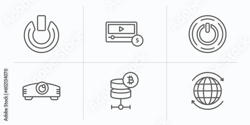 multimedia outline icons set. thin line icons such as power on button, paid, on button, projector len, bitcoin storage, world wide vector.
