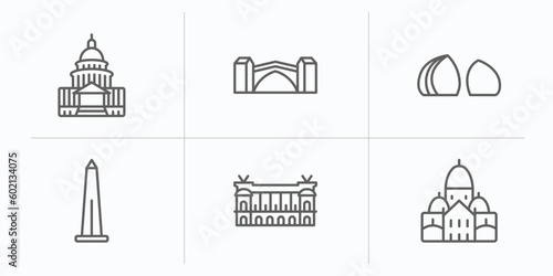 monuments outline icons set. thin line icons such as united states capitol, stari most, al shaheed monument, obelisk of bue aires, palais garnier, vector.