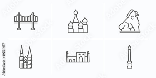 monuments outline icons set. thin line icons such as vincent thomas bridge, russia, imperial guardian lion, chartres cathedral, id kah mosque, monument site vector.