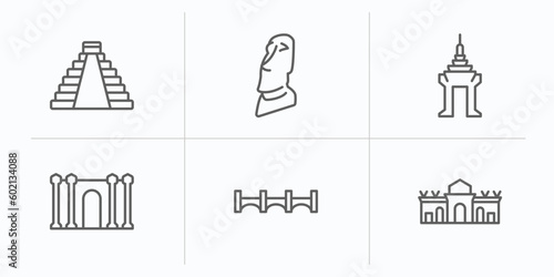 monuments outline icons set. thin line icons such as maya pyramid, moia statues, cambodia, barcelona, bridge of the west, alcala gate vector.