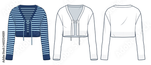Women's Cardigan technical fashion illustration, blue striped design. Cropped knit Cardigan fashion flat technical drawing template, v neck, lace-up, front and back view, white, women CAD mockup set.