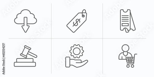 marketing outline icons set. thin line icons such as download from cloud, price, eticket, bid, service, consumer vector.