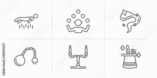 magic outline icons set. thin line icons such as levitation, juggler, smoke, fetters, candelabra, trick vector.