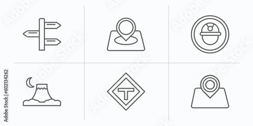 maps and flags outline icons set. thin line icons such as divarication, location marker, mine site, mount fuji, t road intersection, map localization vector.